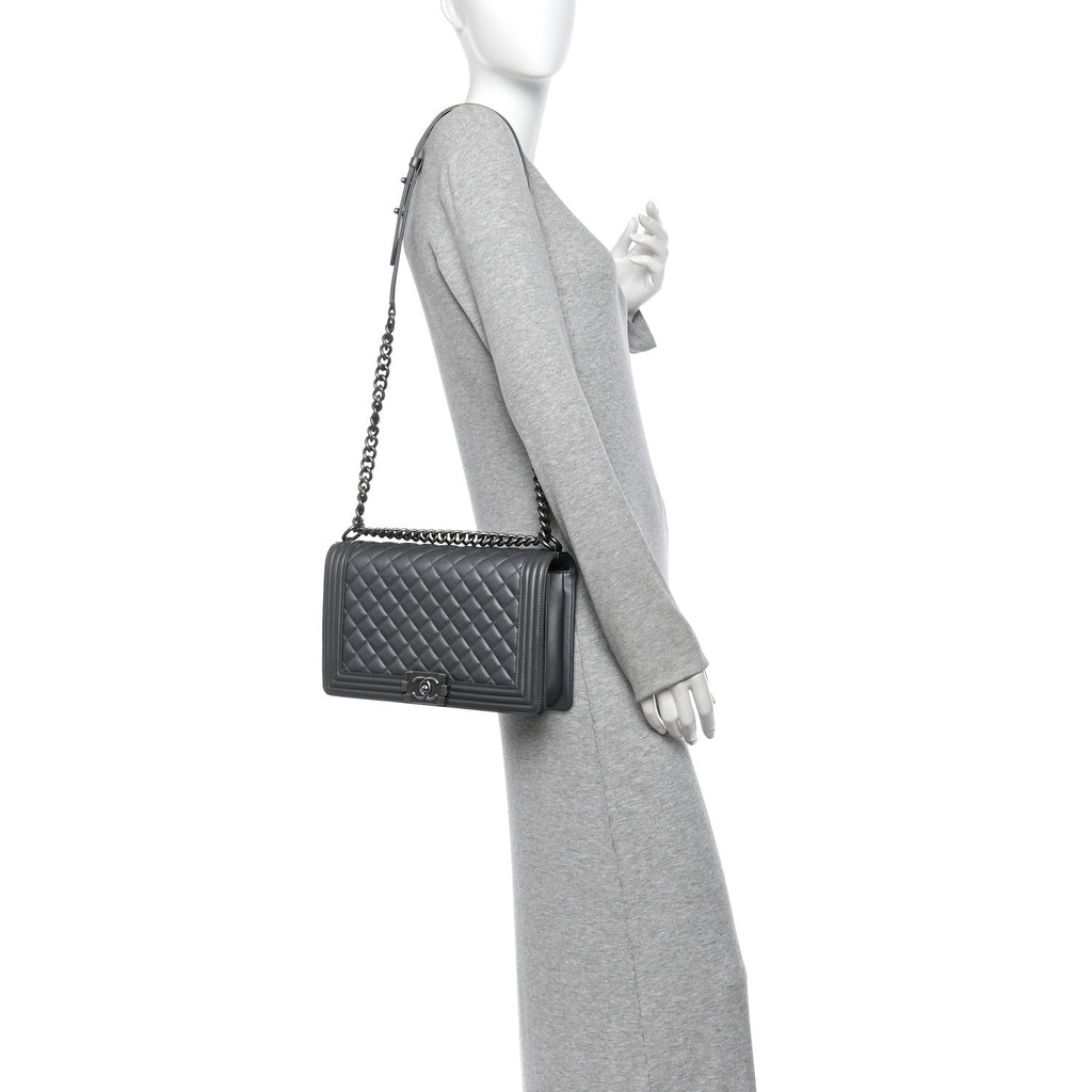Metallic Calfskin Quilted New Medium Boy Flap Grey