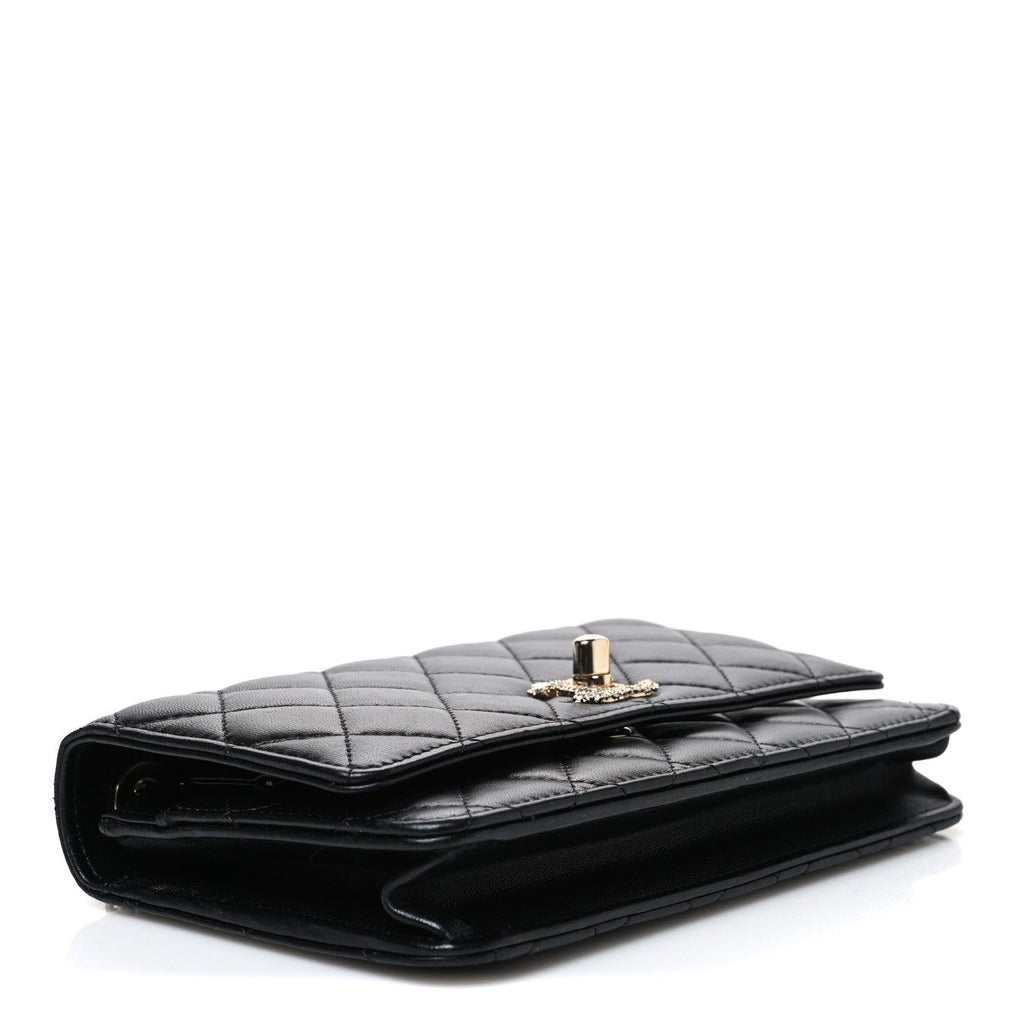 Lambskin Crystal Quilted Trendy CC Top Handle WOC Flap Bag Black