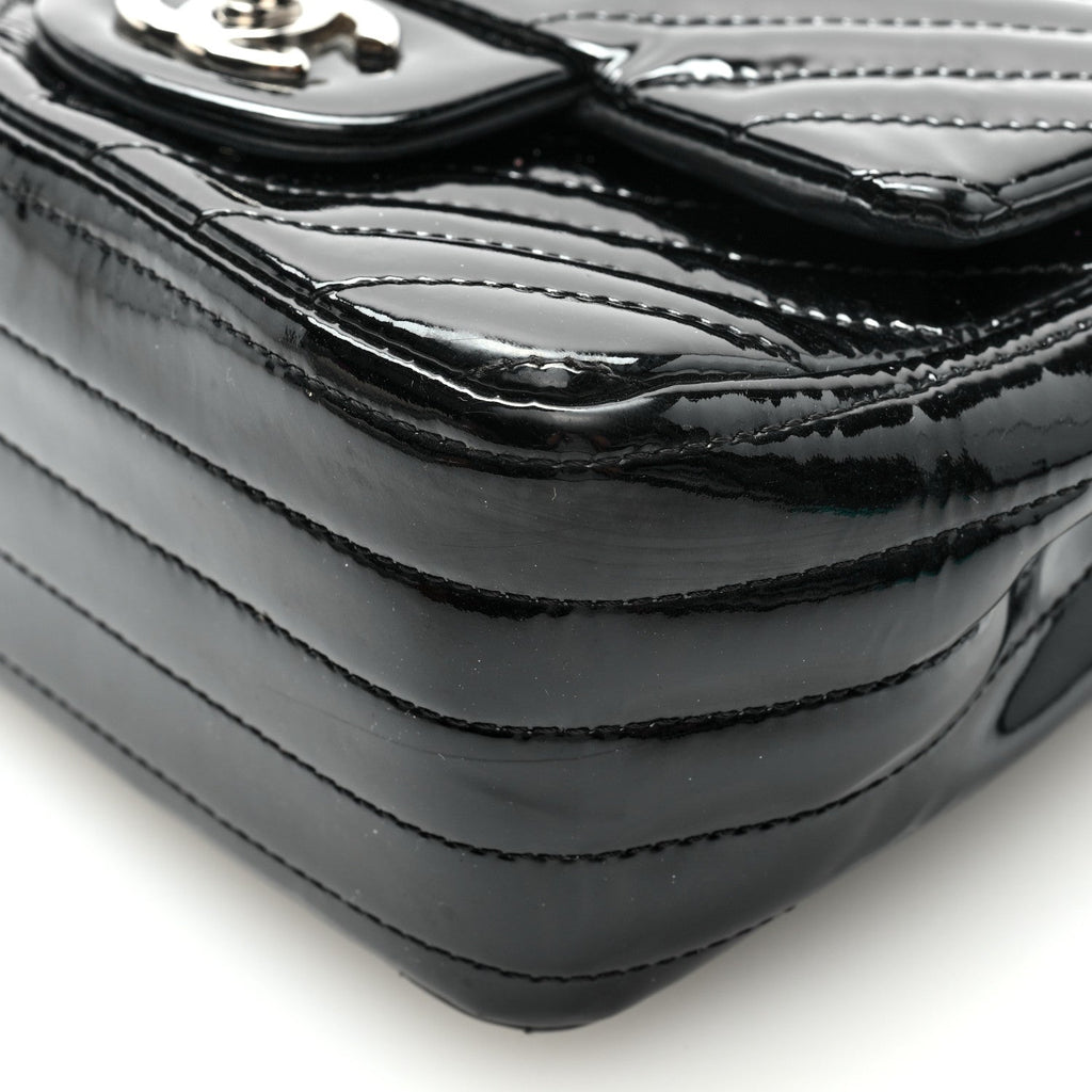 Patent Calfskin Chevron Quilted Mini Square Flap Black