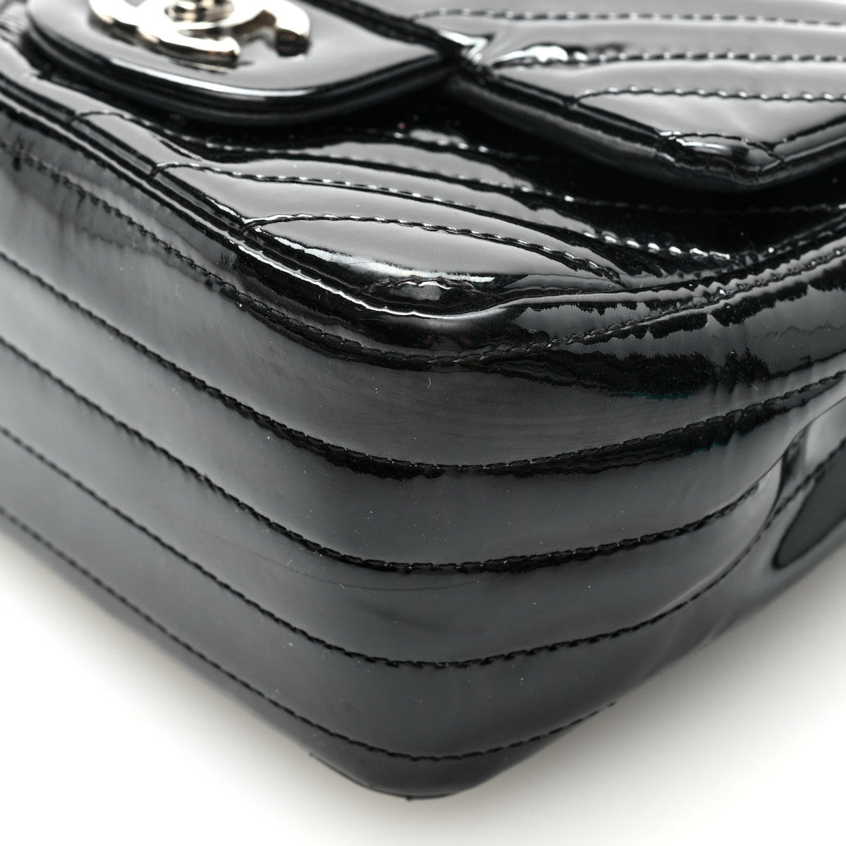 Patent Calfskin Chevron Quilted Mini Square Flap Black