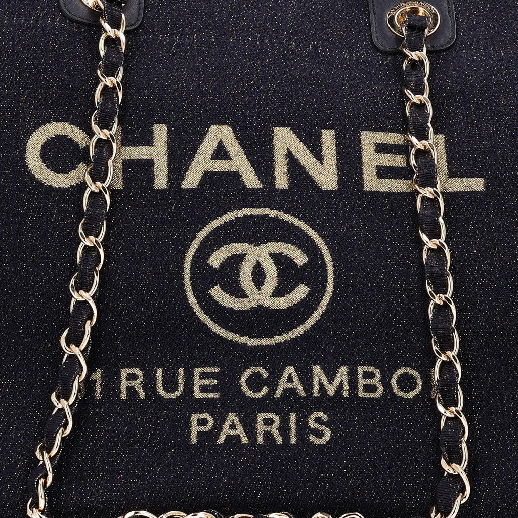 Lurex Canvas Medium Deauville Tote Navy Blue Gold