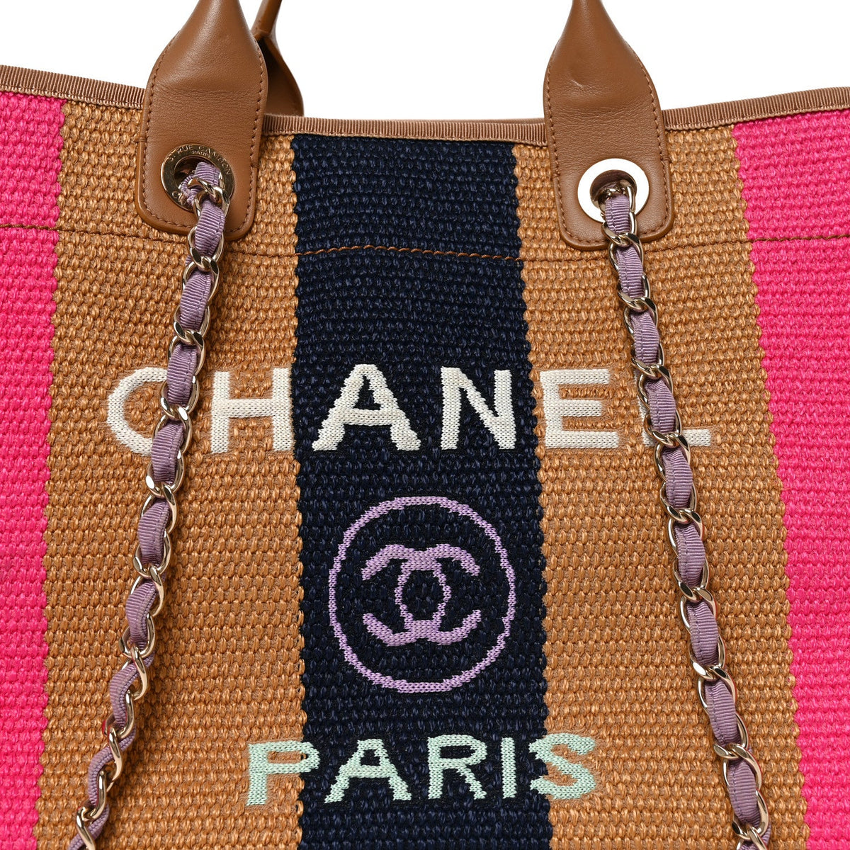 Straw Raffia Calfskin Striped Medium Deauville Tote Dark Beige Fuchsia Navy Blue