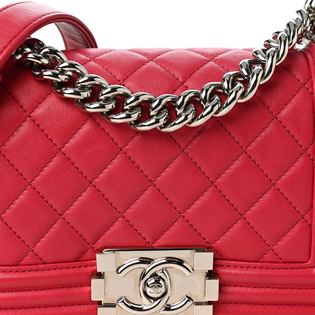 Calfskin Quilted Small Boy Flap  Dark Pink