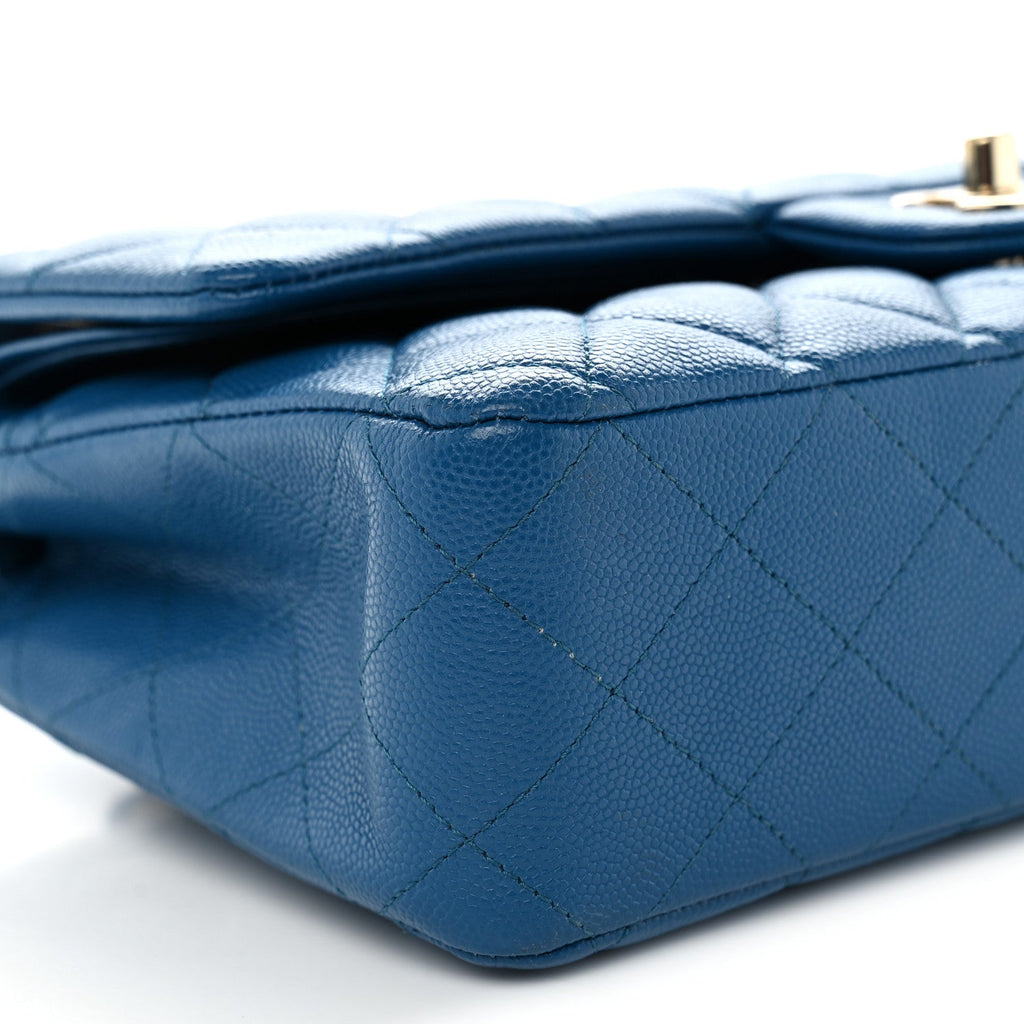 Caviar Quilted Medium Double Flap Blue