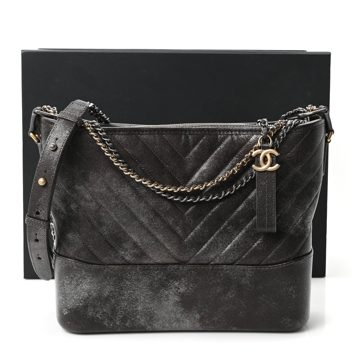 Metallic Caviar Chevron Quilted Medium Gabrielle Hobo Dark Silver Gold