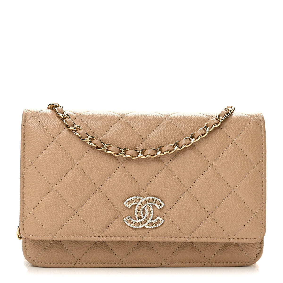 Caviar Quilted Crystal CC Wallet On Chain WOC Beige