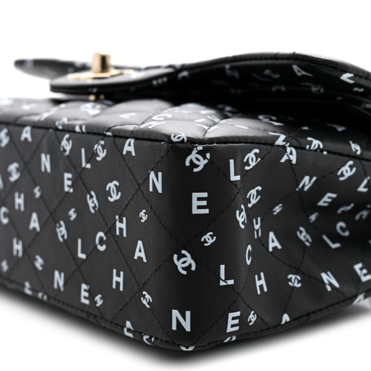 Lambskin Quilted Logo CC Printed Small Double Flap Black White