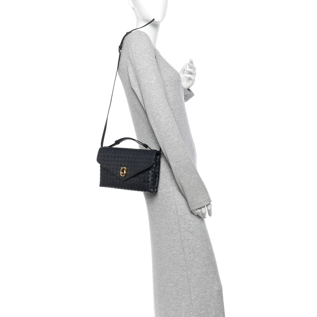 Nappa Intrecciato Knot Lock Top Handle Crossbody Bag Midnight