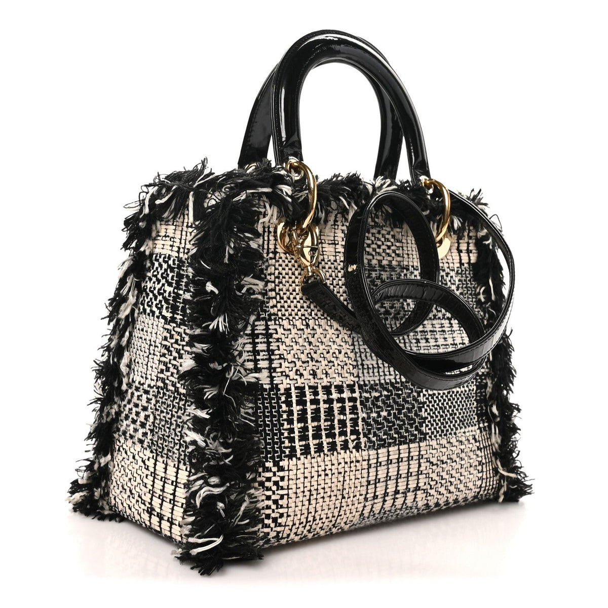 Tweed Fringe Medium Lady Dior White Black