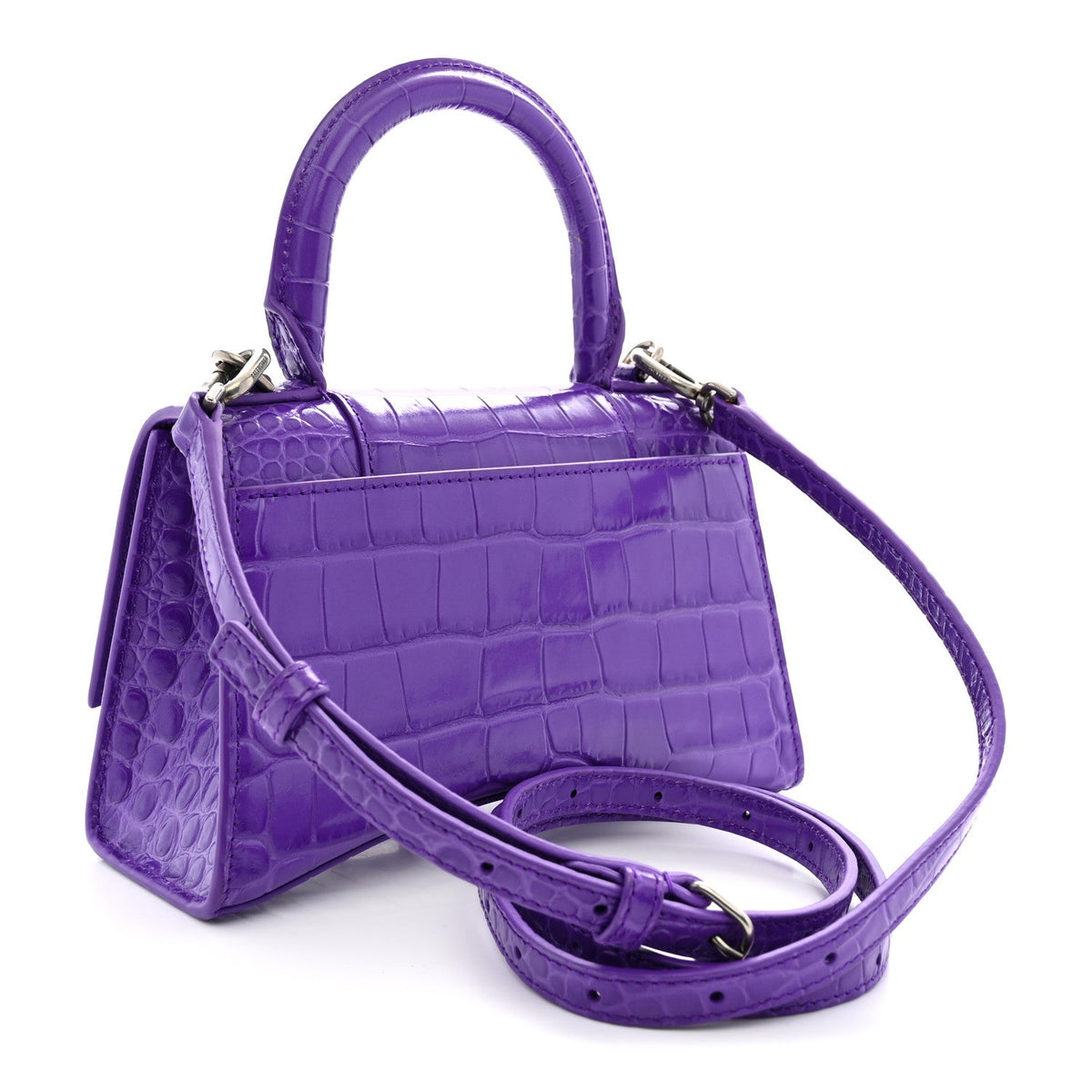 Shiny Calfskin Crocodile Embossed Hourglass Top Handle Bag XS Viola