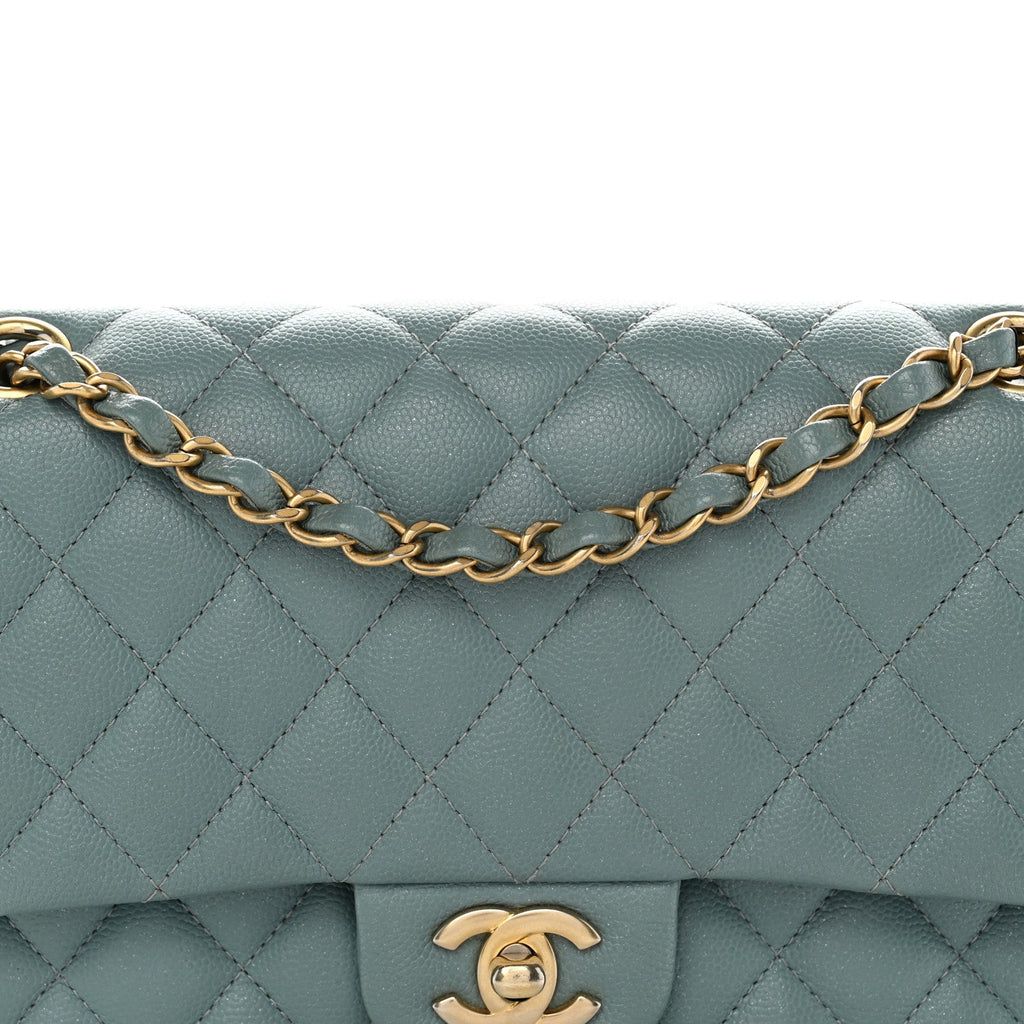 Iridescent Caviar Quilted Medium Double Flap Light Blue