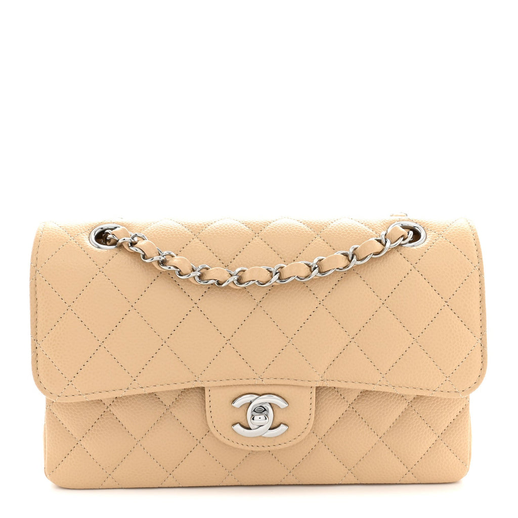 Caviar Quilted Small Double Flap Beige