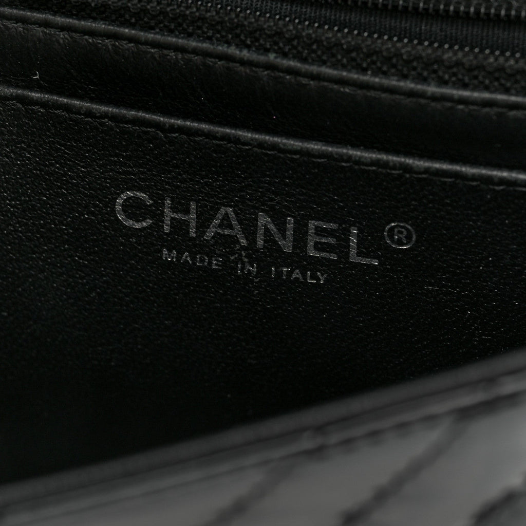 Patent Calfskin Chevron Quilted Mini Square Flap Black
