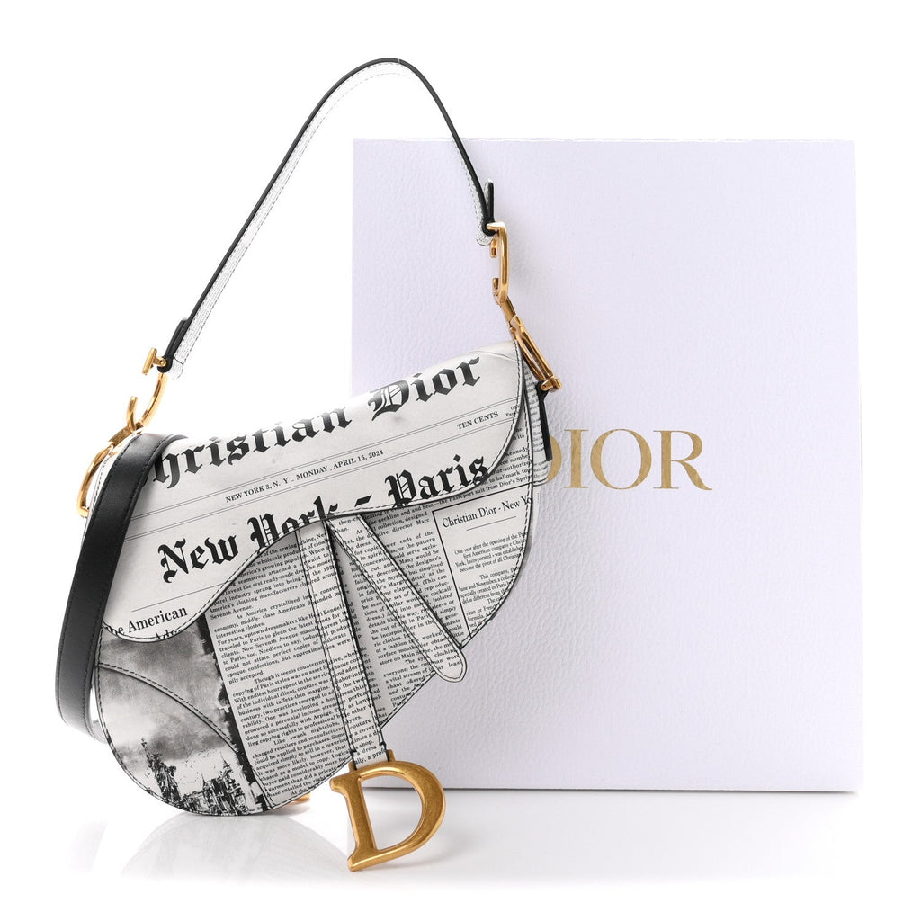 Calfskin Newspaper Printed Saddle Bag With Strap Black White