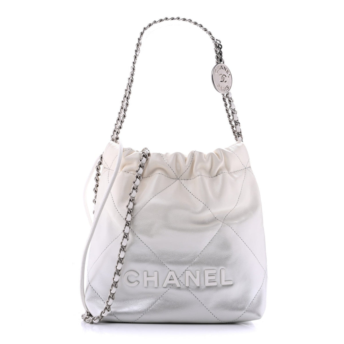 Metallic Shaded Calfskin Quilted Mini Chanel 22 White Silver
