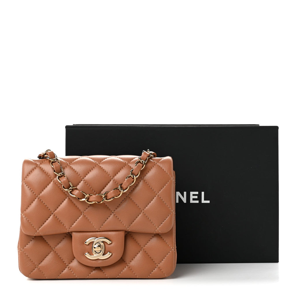 Lambskin Quilted Mini Square Flap Brown
