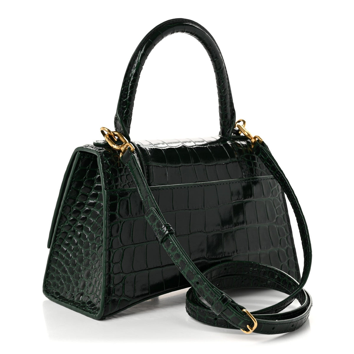 Shiny Calfskin Crocodile Embossed Small Hourglass Top Handle Bag Forest Green