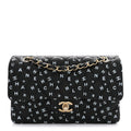Lambskin Quilted Logo CC Printed Small Double Flap Black White