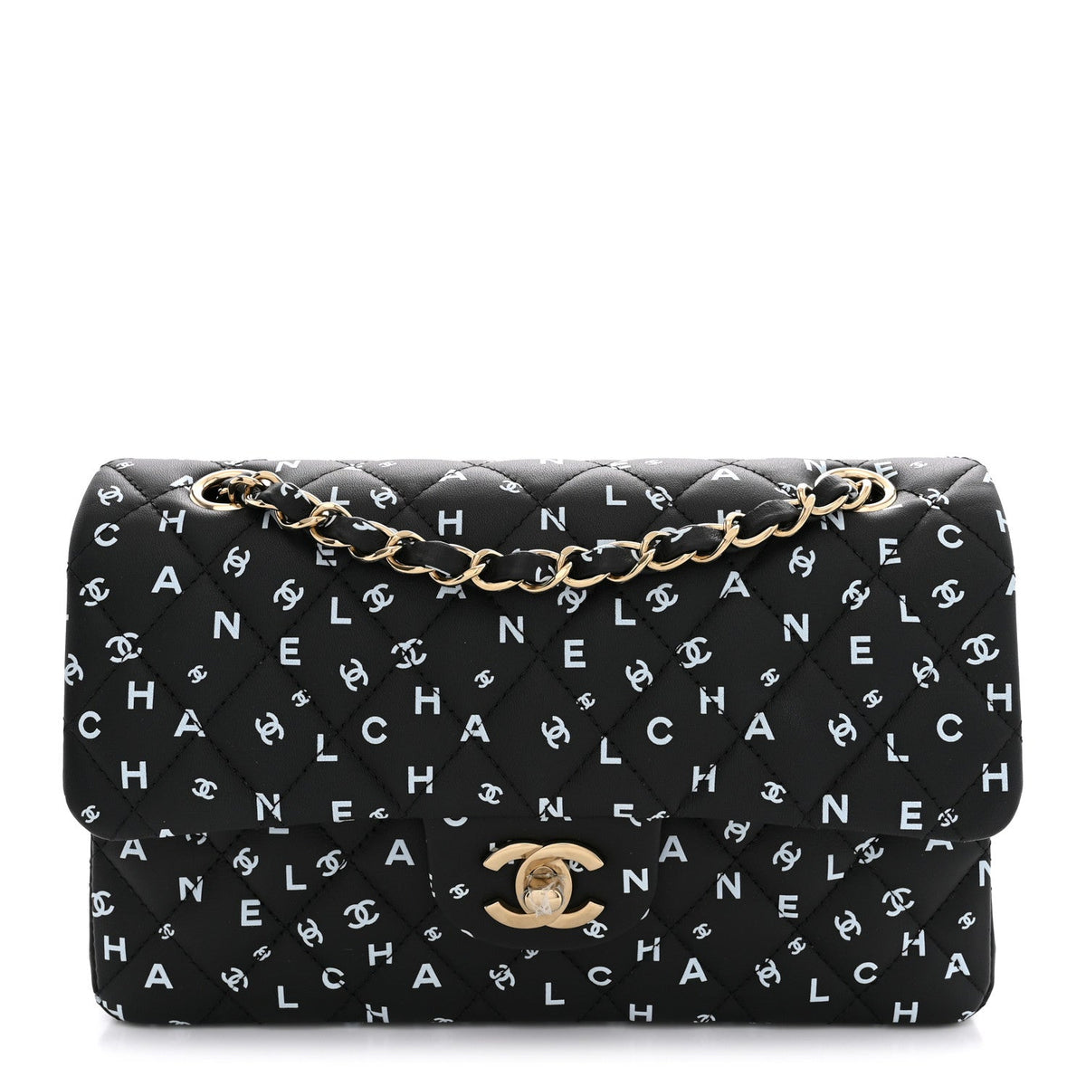Lambskin Quilted Logo CC Printed Small Double Flap Black White
