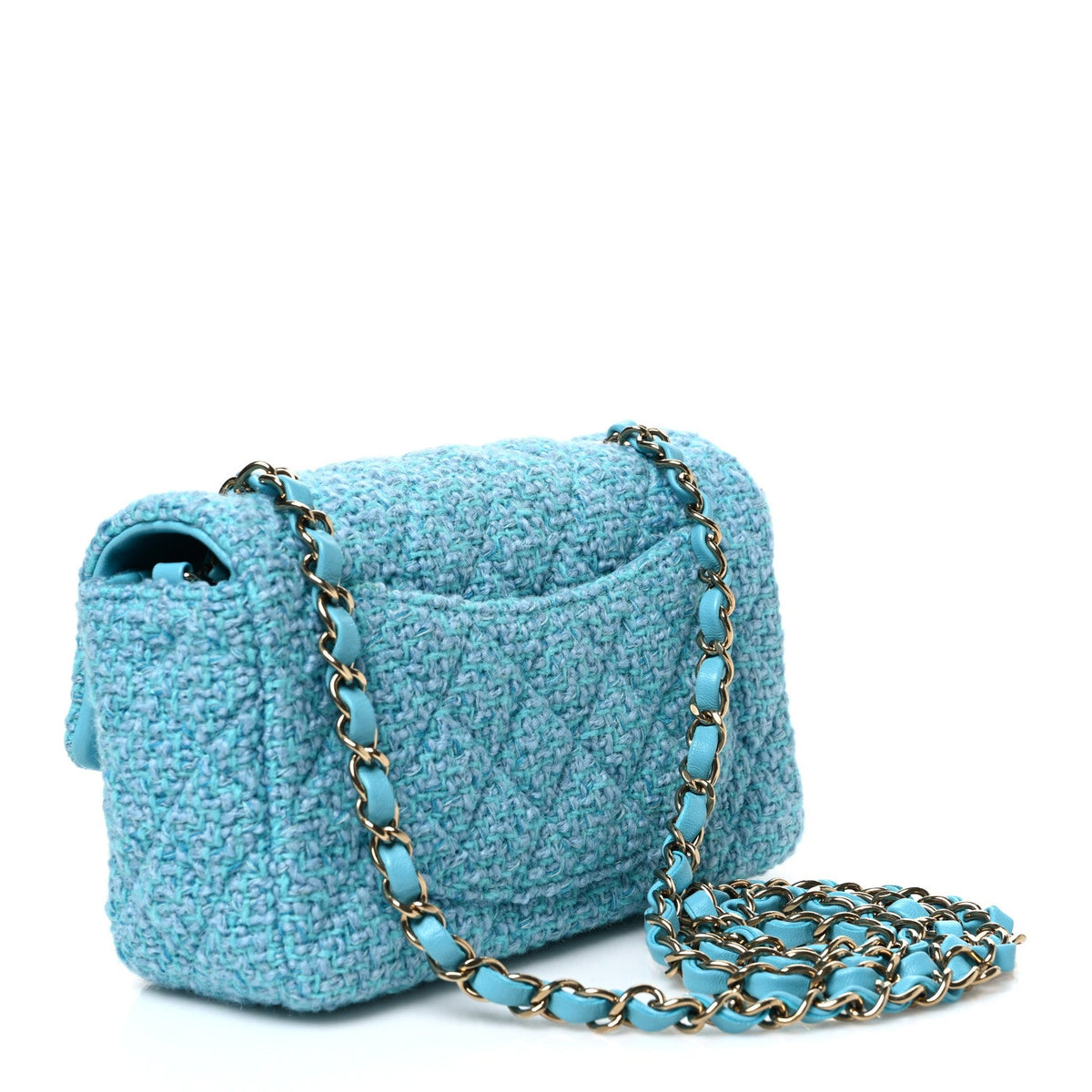 Wool Tweed Quilted Mini Rectangular Flap Turquoise Light Blue