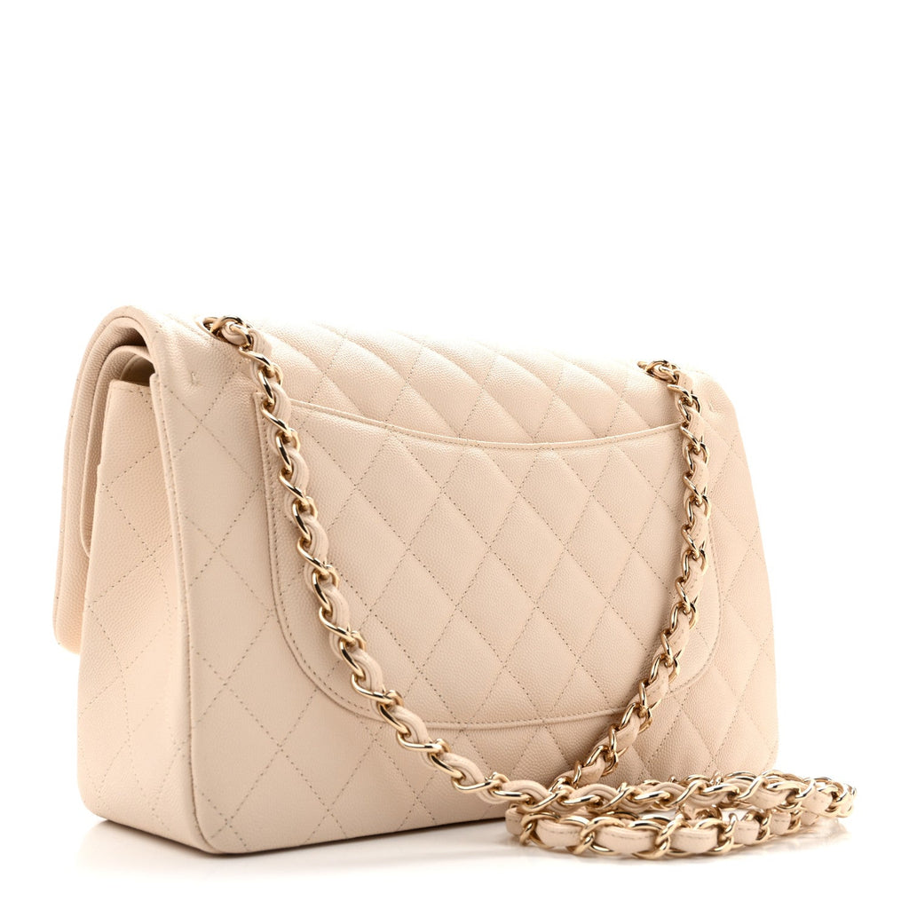 Caviar Quilted Jumbo Double Flap Light Beige