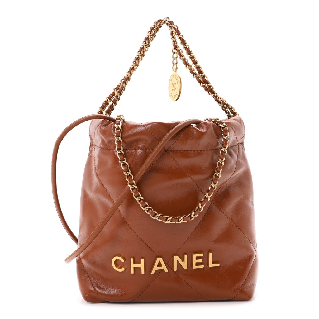 Shiny Calfskin Quilted Mini Chanel 22 Light Brown