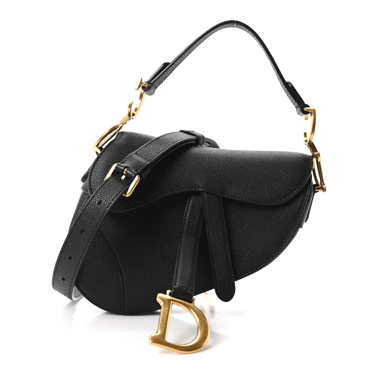 Grained Calfskin Mini Saddle Bag With Strap Black