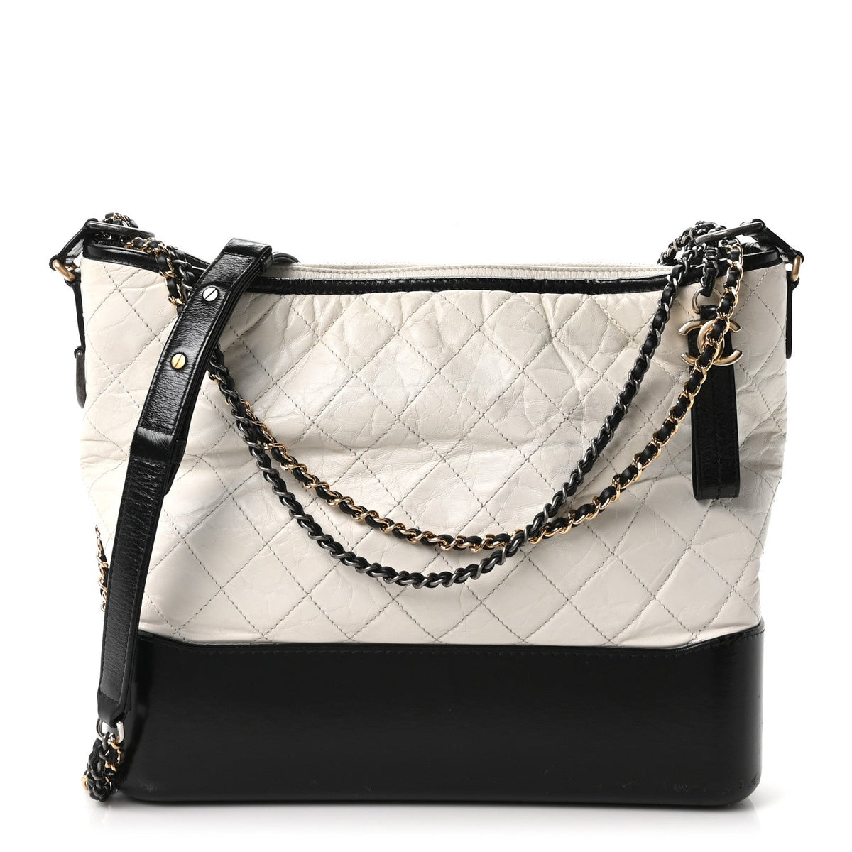 Aged Calfskin Quilted Large Gabrielle Hobo White Black