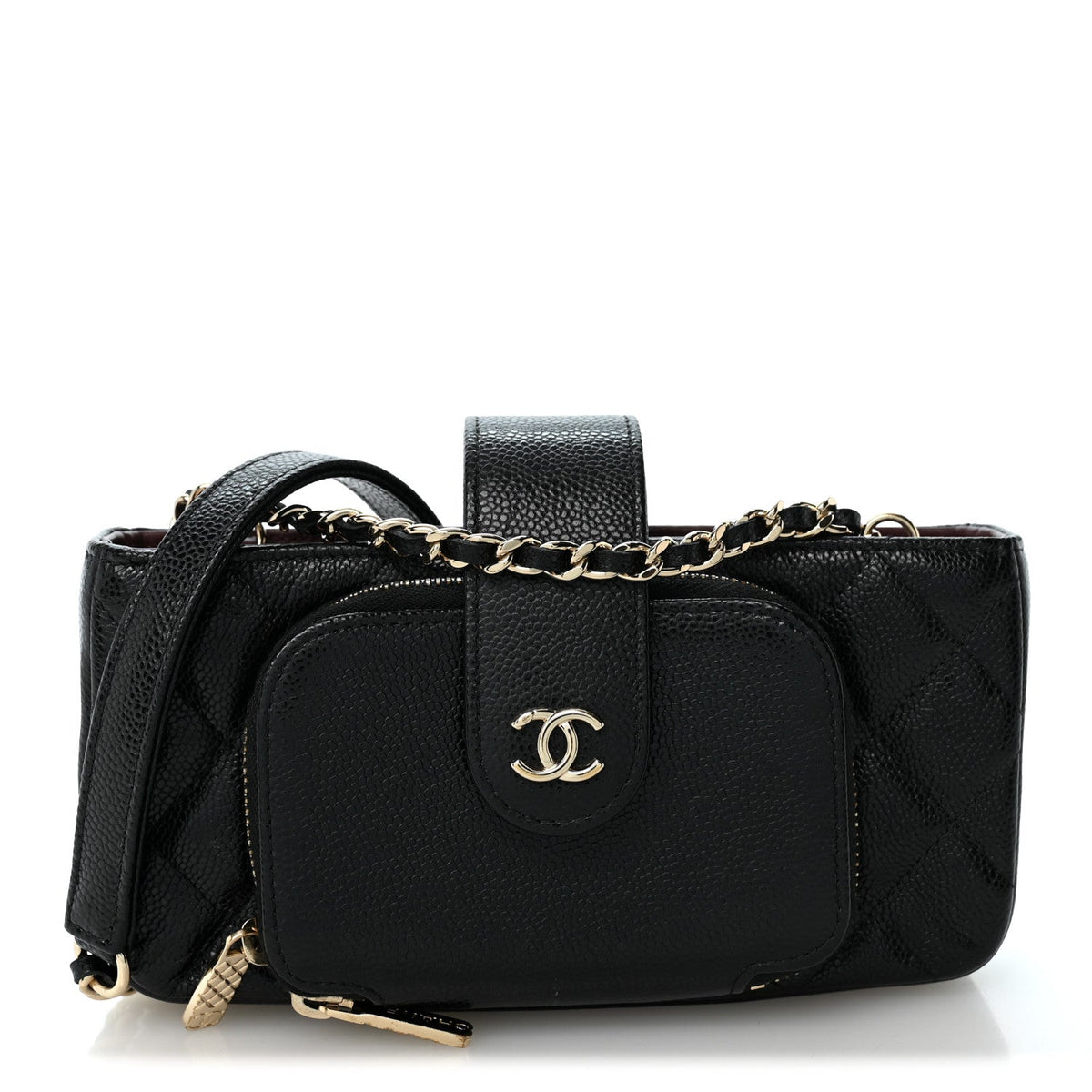 Caviar Quilted Business Affinity Phone Holder With Chain Black