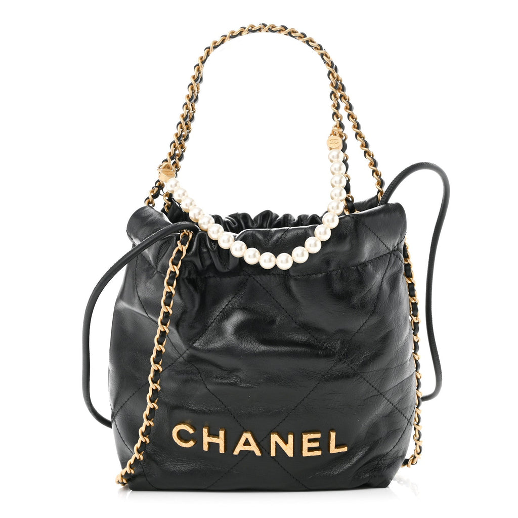 Shiny Crumpled Calfskin Quilted Pearl Mini Chanel 22 Black