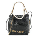 Shiny Crumpled Calfskin Quilted Pearl Mini Chanel 22 Black