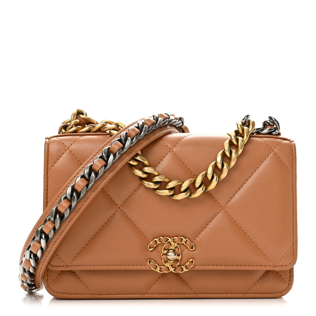 Lambskin Quilted Chanel 19 Wallet On Chain WOC Brown