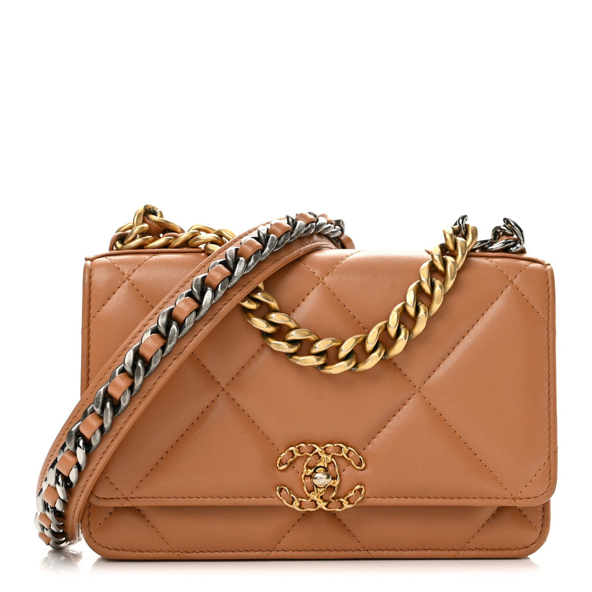 Lambskin Quilted Chanel 19 Wallet On Chain WOC Brown
