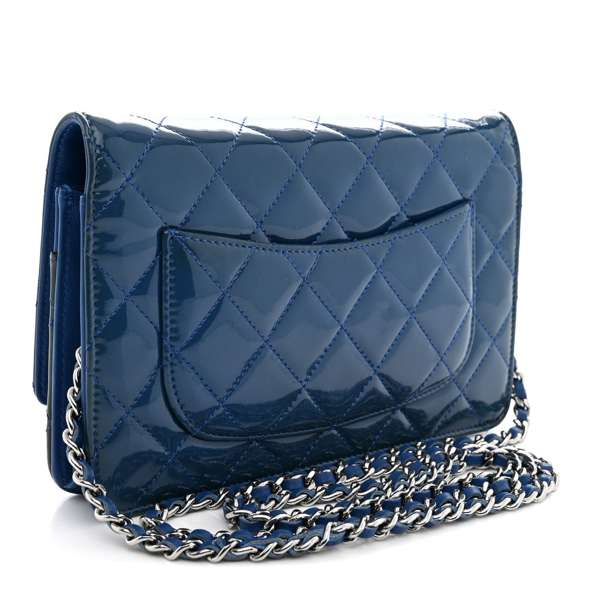Patent Calfskin Quilted Wallet On Chain WOC Dark Blue