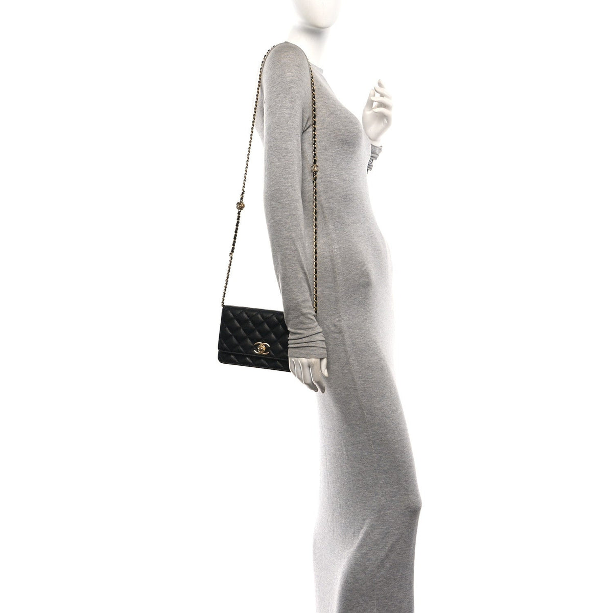 Caviar Quilted Camellia Wallet On Chain WOC Black
