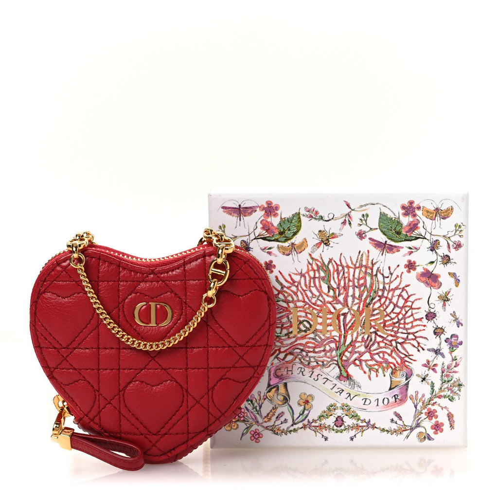 Calfskin Cannage Dioramour Caro Heart Pouch With Chain Bright Red