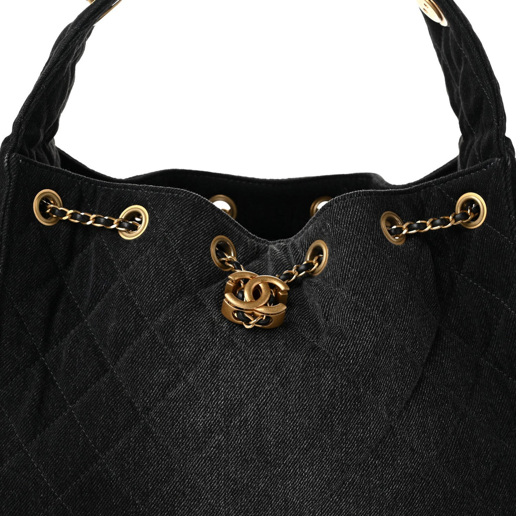 Washed Denim Quilted Small Chanel 25 Handbag Black