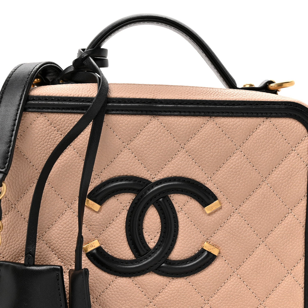 Caviar Quilted Medium CC Filigree Vanity Case Beige Black