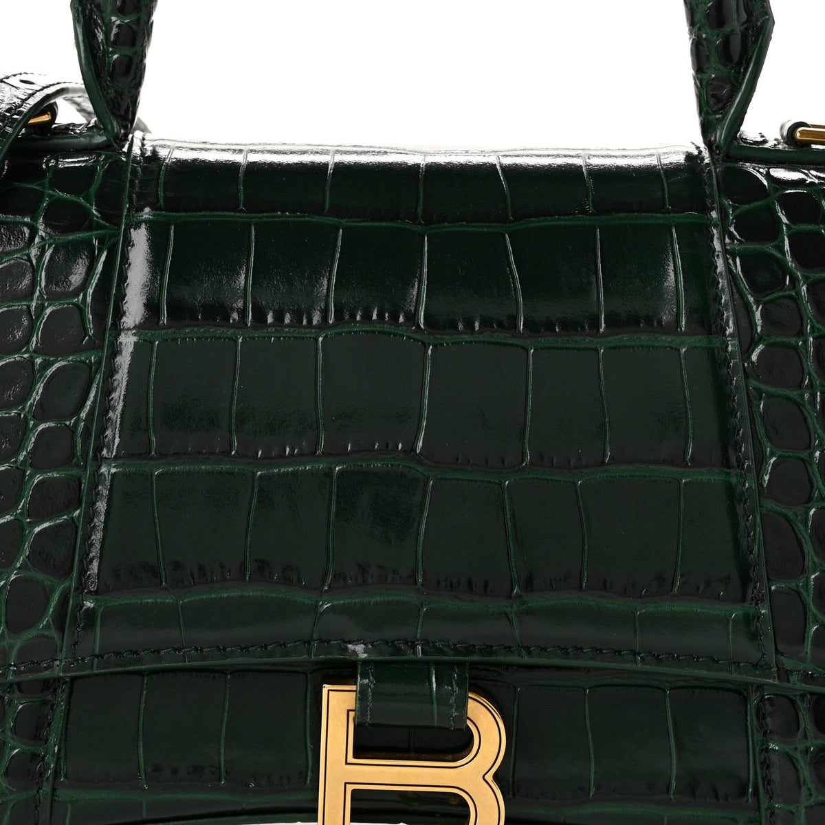 Shiny Calfskin Crocodile Embossed Small Hourglass Top Handle Bag Forest Green